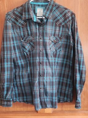 Women's Plaid Western cowgirl Button-Down Shirt - Teal and Black L